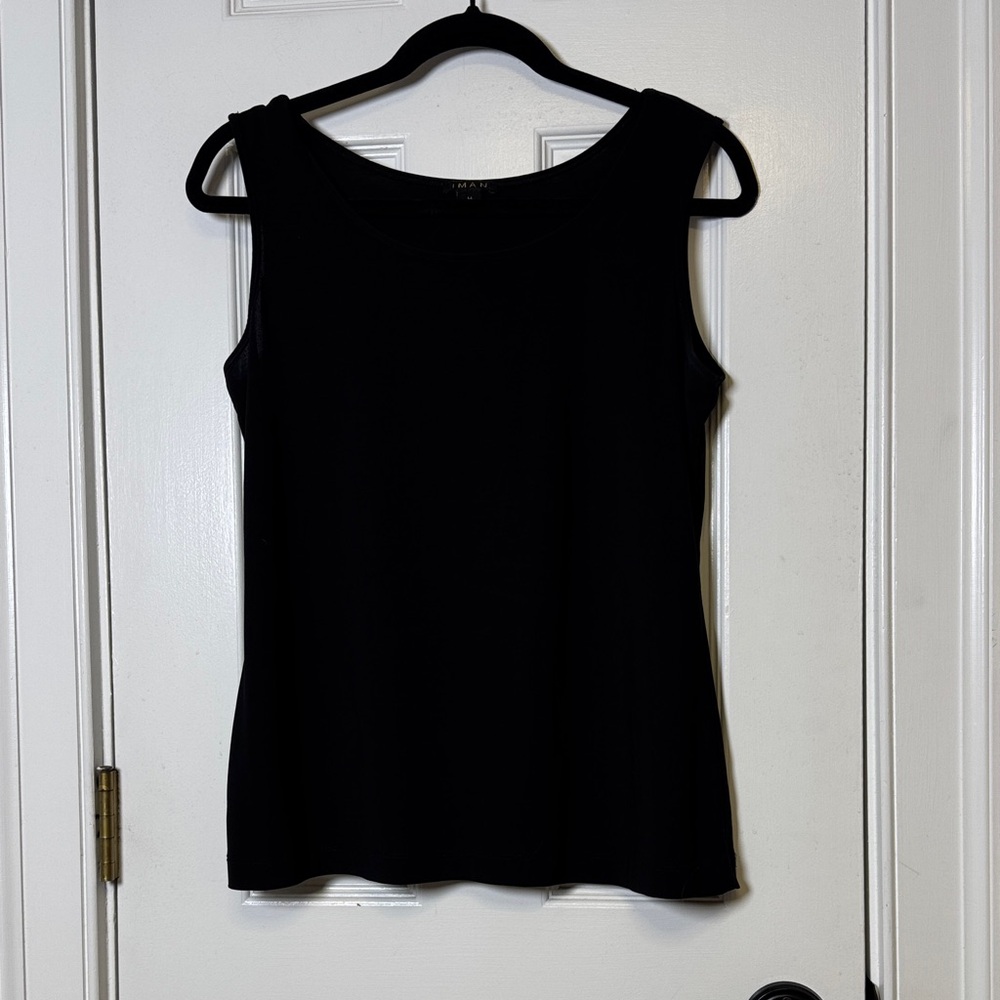 IMAN Black Asymmetrical Sleeveless Stretch Tank Top Size M Made in Jordan